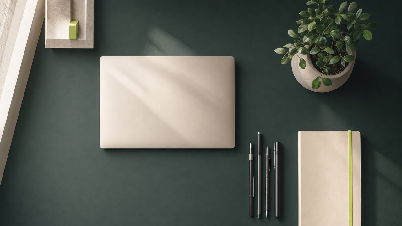 Tidy desk from above with drafting pens and a notebook