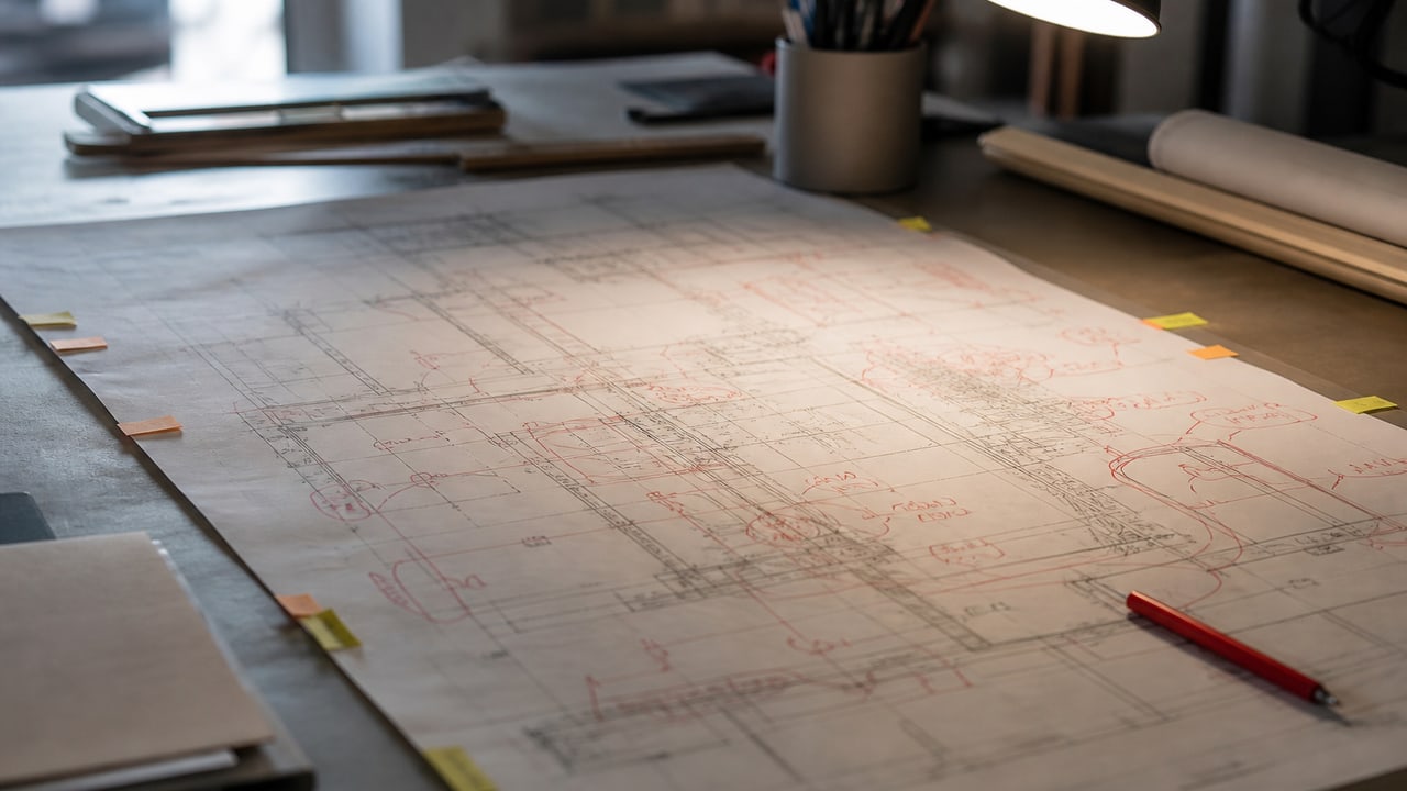 A drawing sheet covered in red correction marks and sticky flags