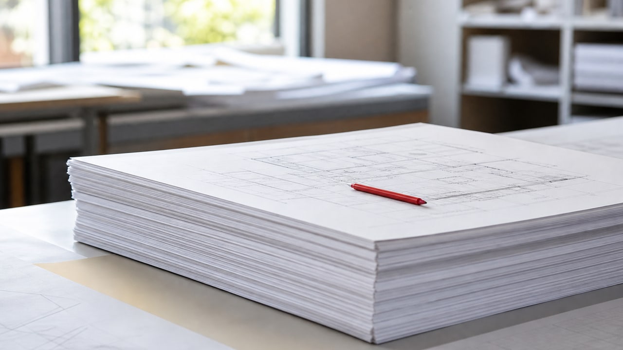 A stack of large-format permit drawing sets on a review table