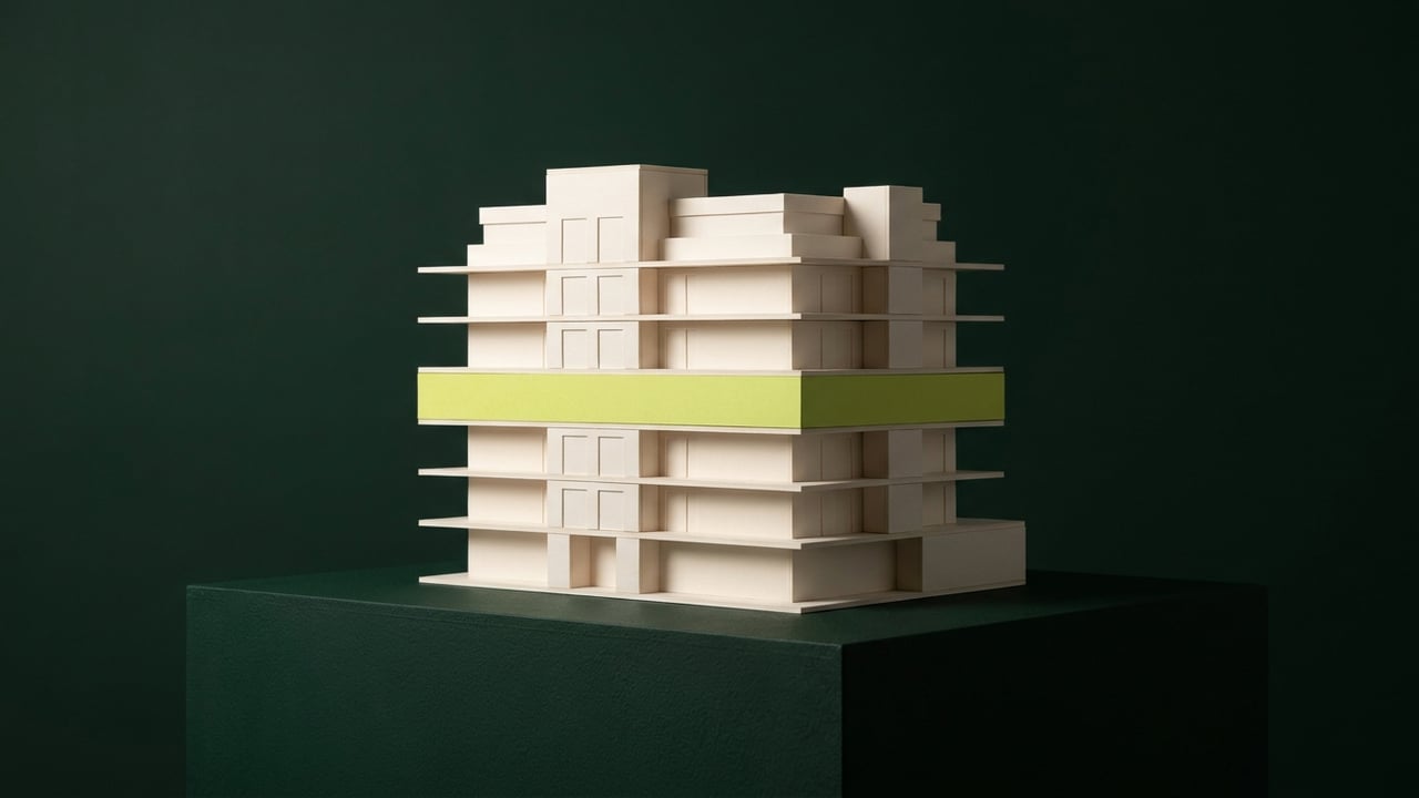 White massing model of a building with one lime-colored floor