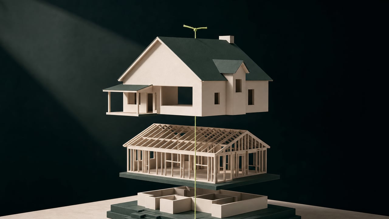 Exploded paper model of a house in cream and dark green