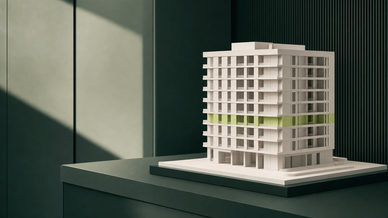 White massing model of a building with one lime-colored floor