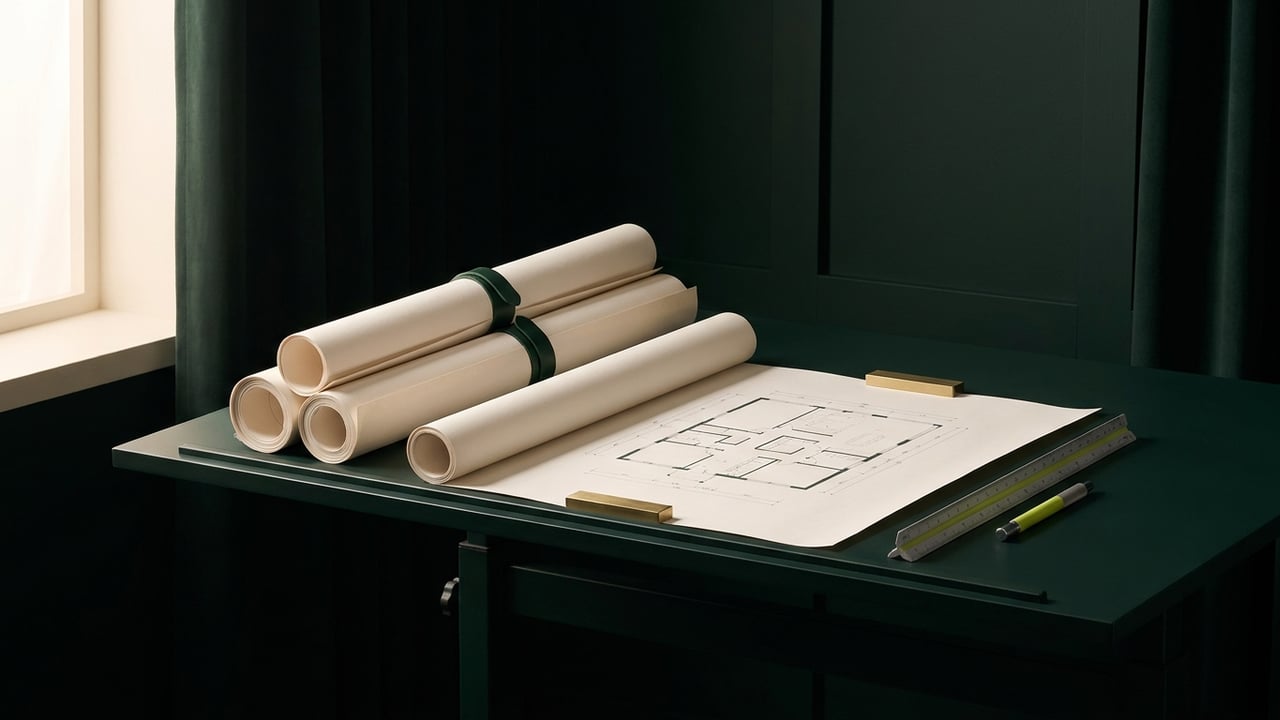 Rolled architectural drawings and a floor plan on a drafting table