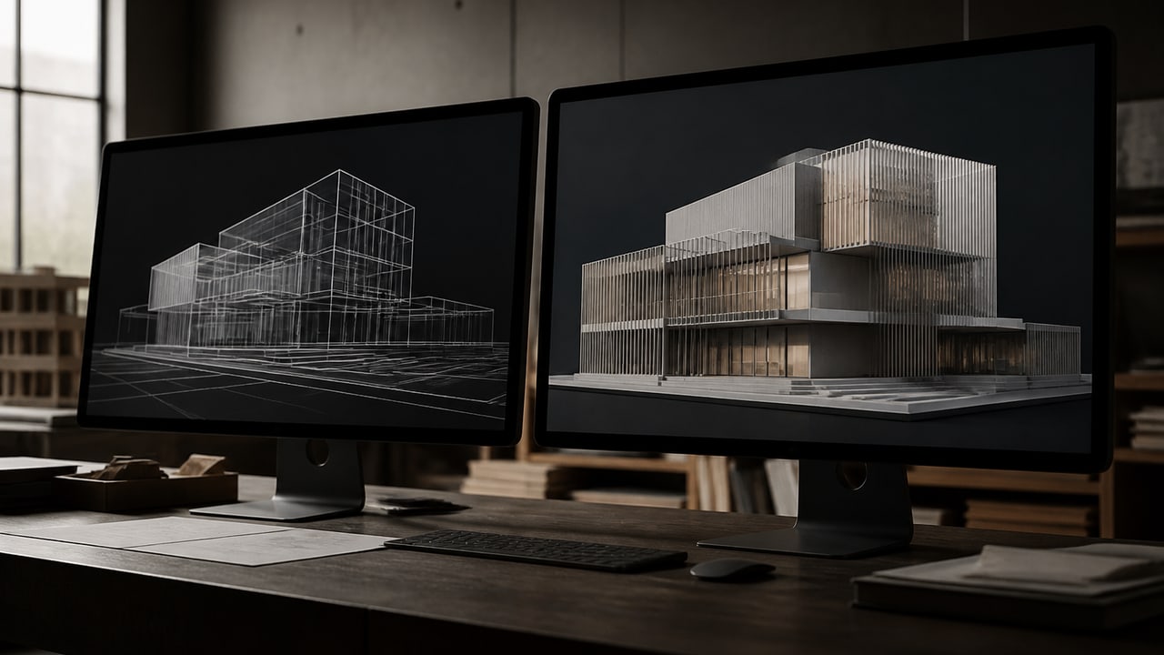 Two monitors showing abstract three dimensional building models