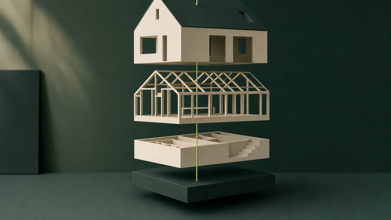Exploded paper model of a house in cream and dark green