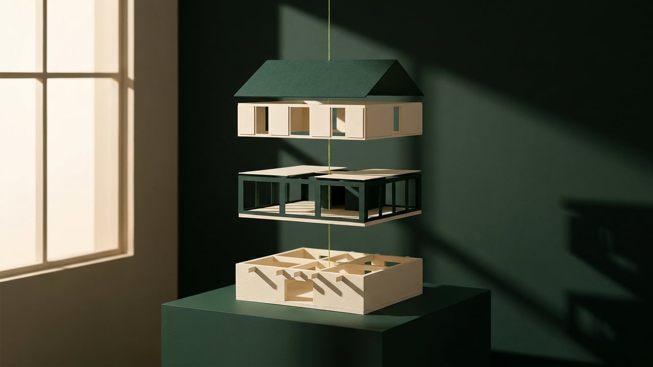 Exploded paper model of a house in cream and dark green