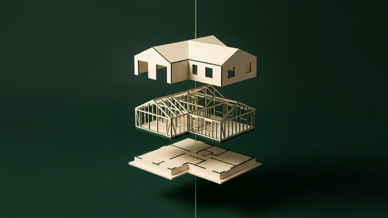 Exploded paper model of a house in cream and dark green