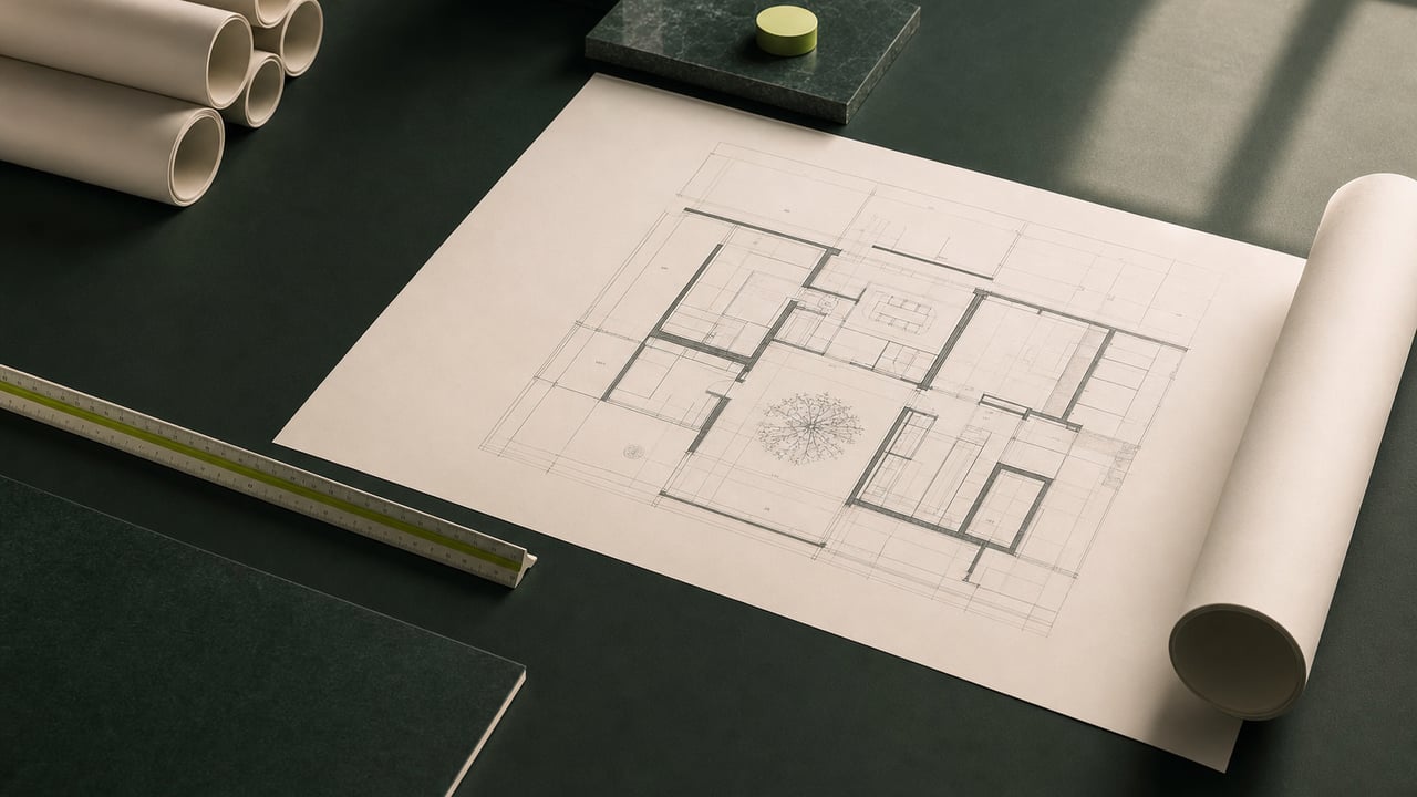 Rolled architectural drawings and a floor plan on a drafting table