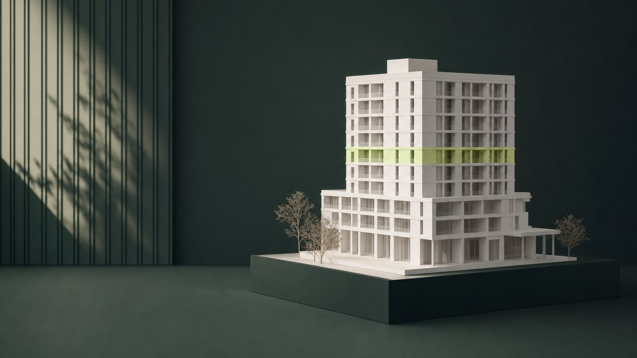 White massing model of a building with one lime-colored floor
