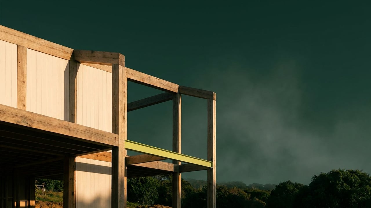 Residential timber frame under construction at golden hour