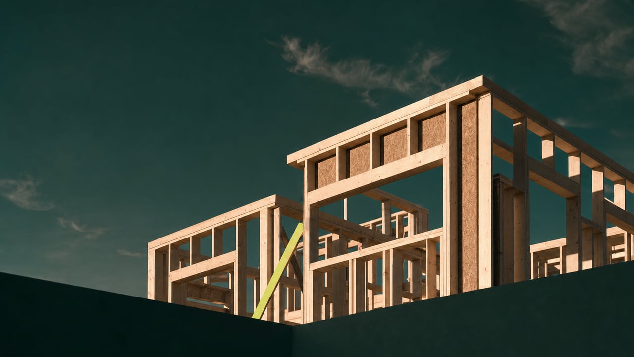 Residential timber frame under construction at golden hour