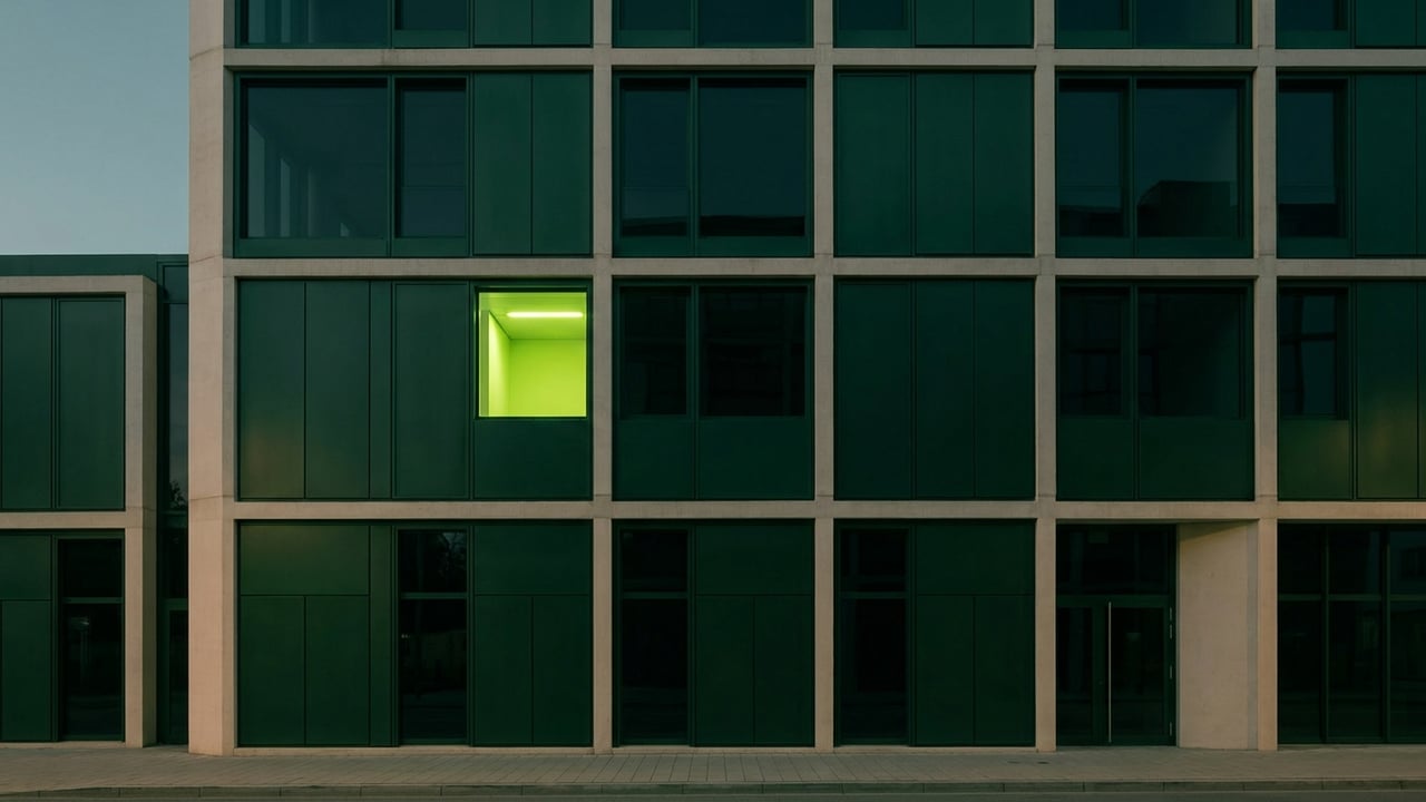 Modern facade with a repeating window grid at dusk
