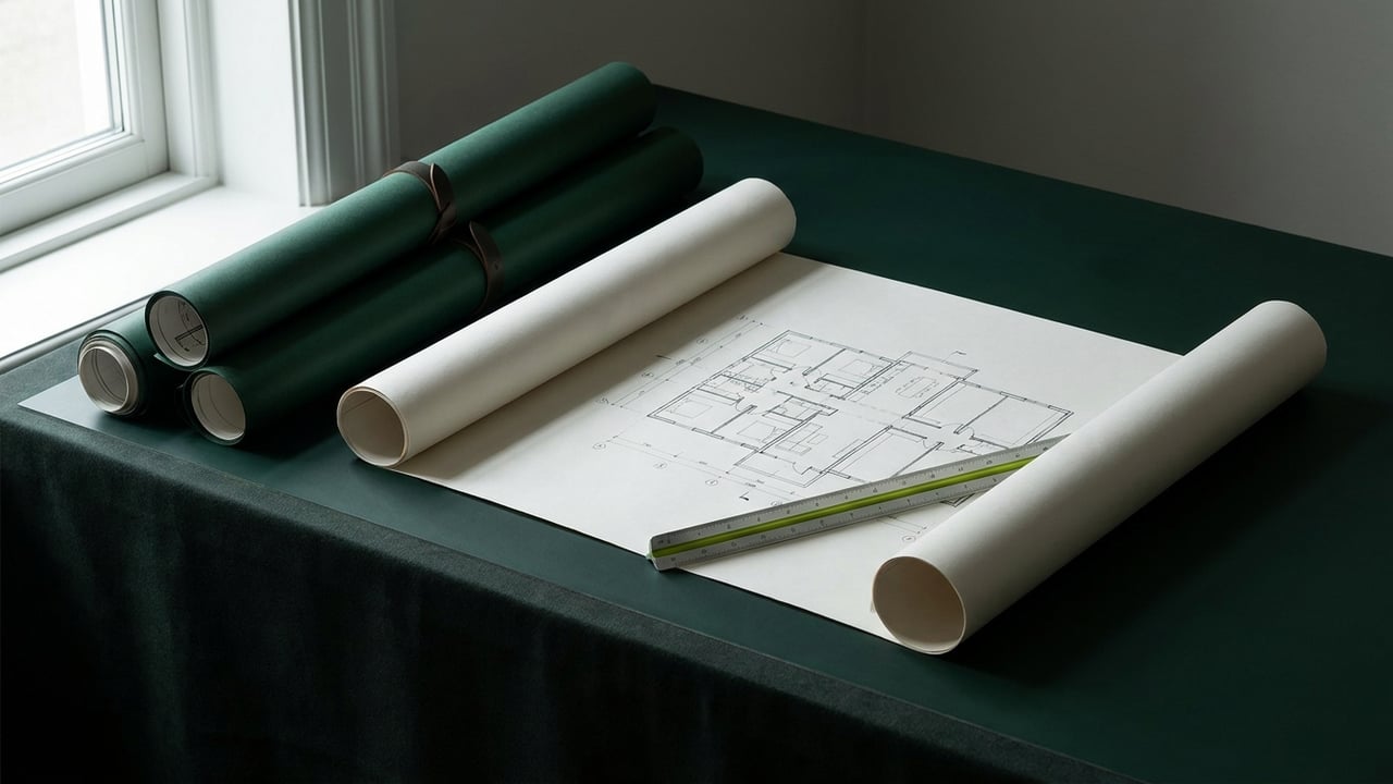 Rolled architectural drawings and a floor plan on a drafting table