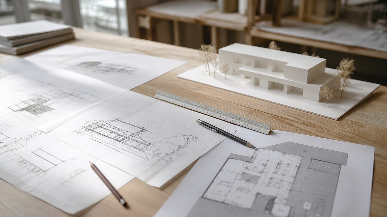 Hand sketches, an early floor plan and a white massing model on a studio desk