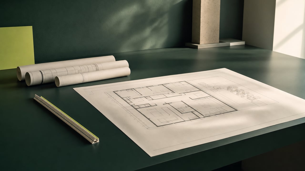 Rolled architectural drawings and a floor plan on a drafting table