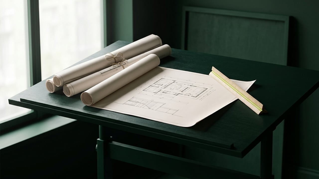 Rolled architectural drawings and a floor plan on a drafting table