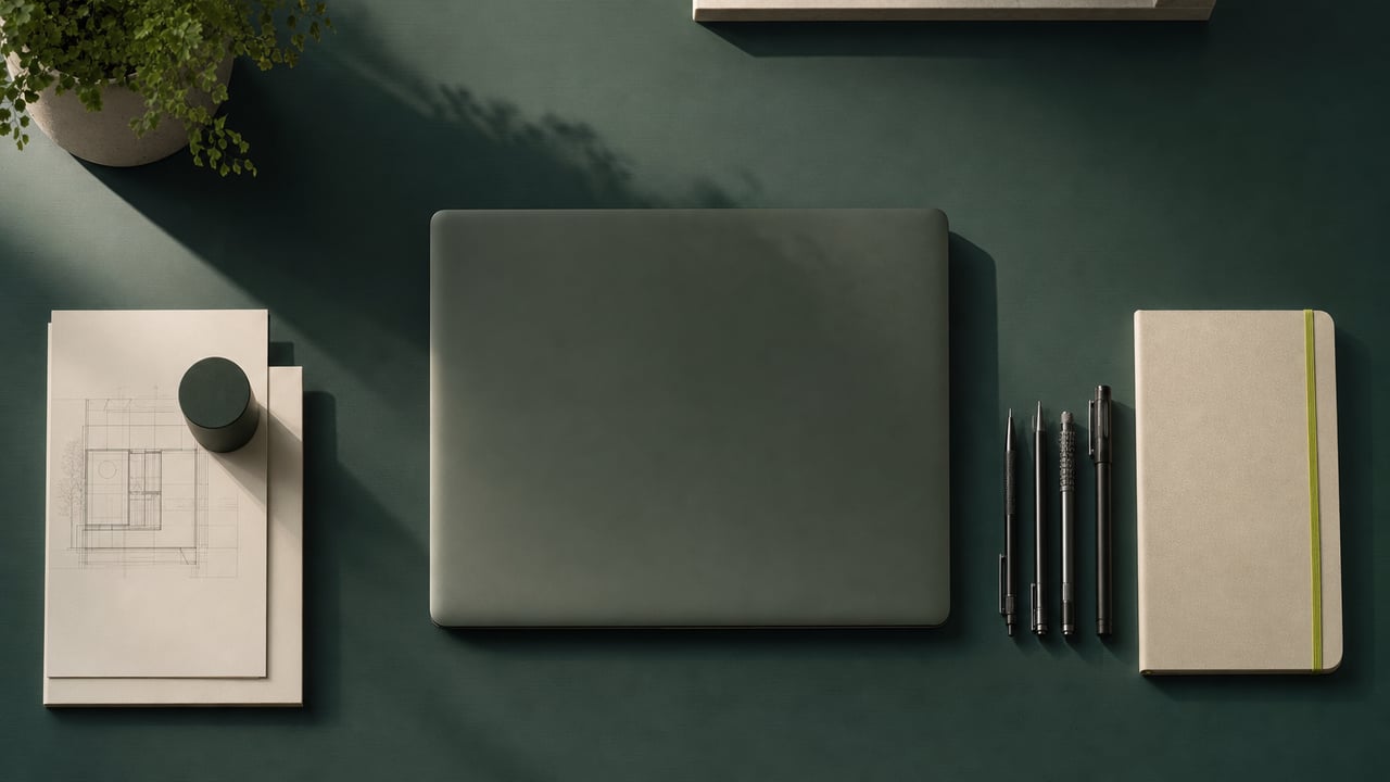 Tidy desk from above with drafting pens and a notebook