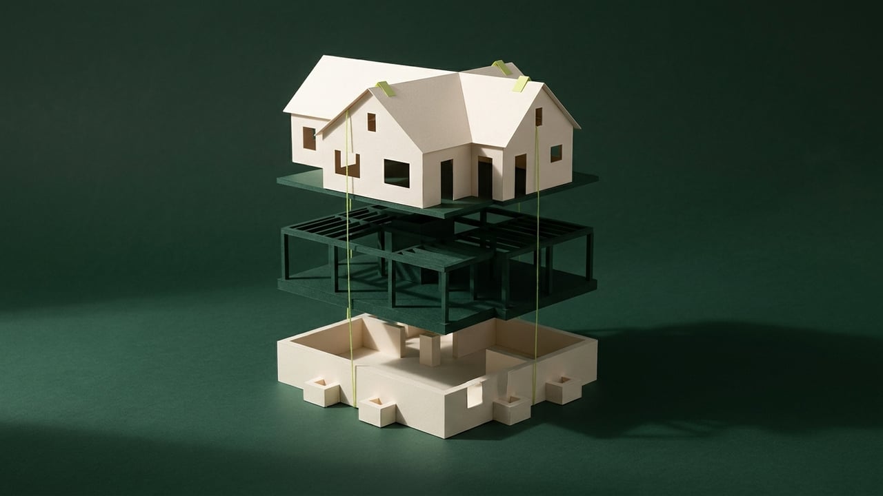 Exploded paper model of a house in cream and dark green