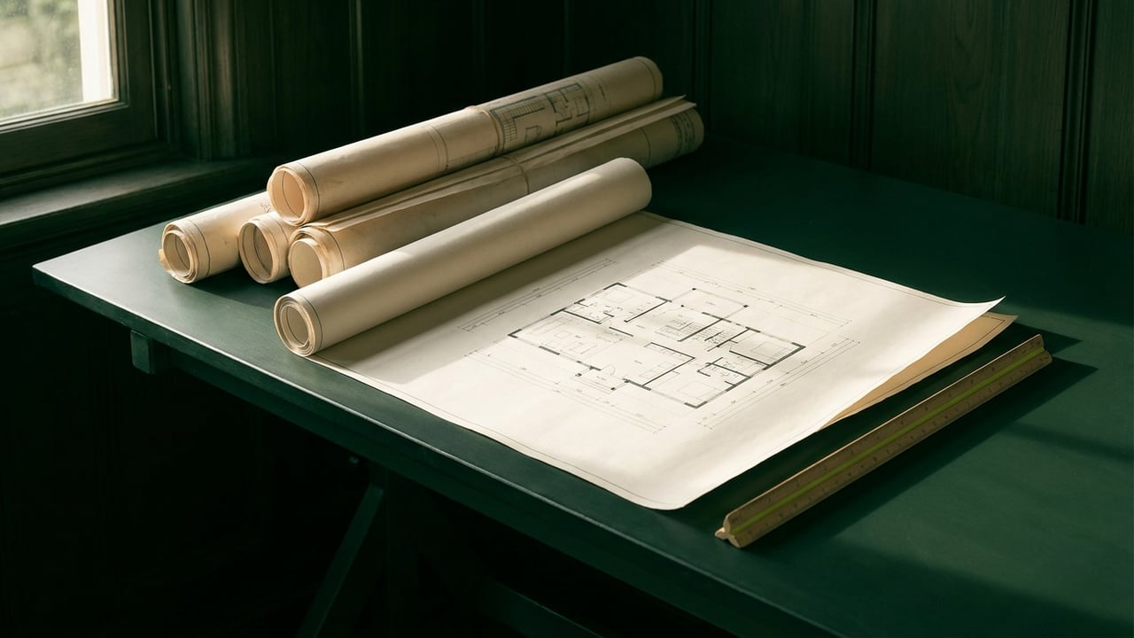 Rolled architectural drawings and a floor plan on a drafting table