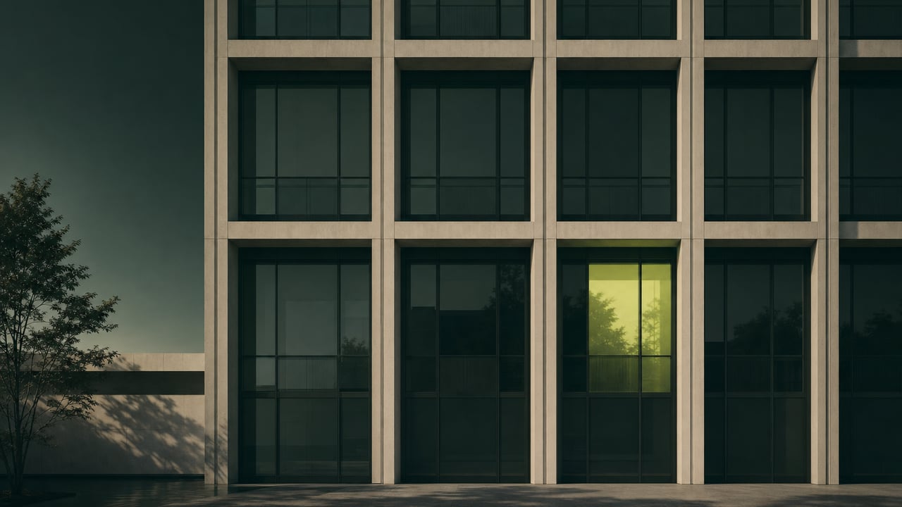 Modern facade with a repeating window grid at dusk