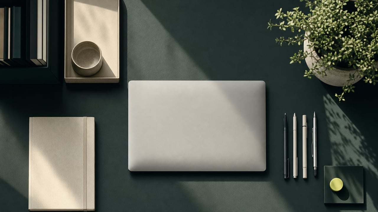Tidy desk from above with drafting pens and a notebook