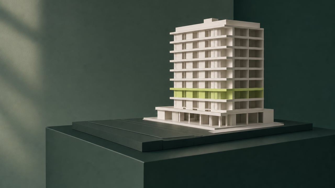 White massing model of a building with one lime-colored floor