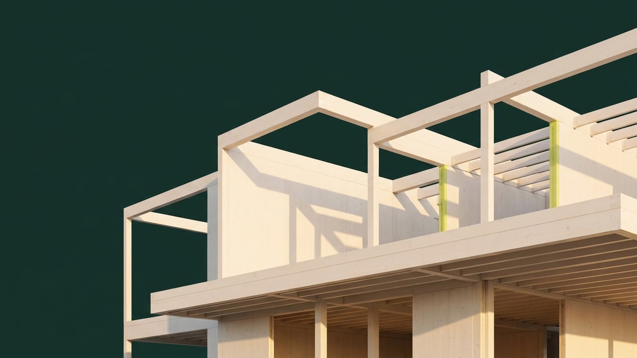 Residential timber frame under construction at golden hour