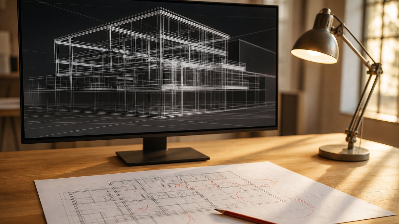 Monitor with a 3D building model beside a redlined floor plan