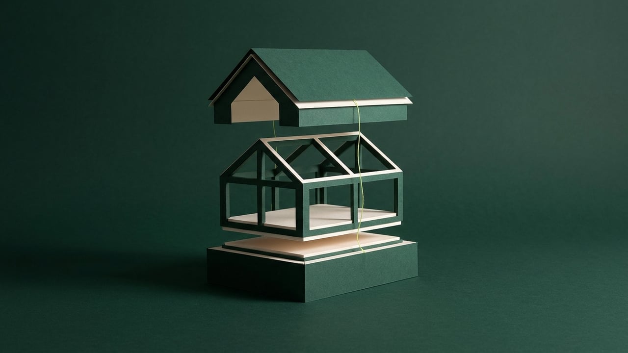 Exploded paper model of a house in cream and dark green