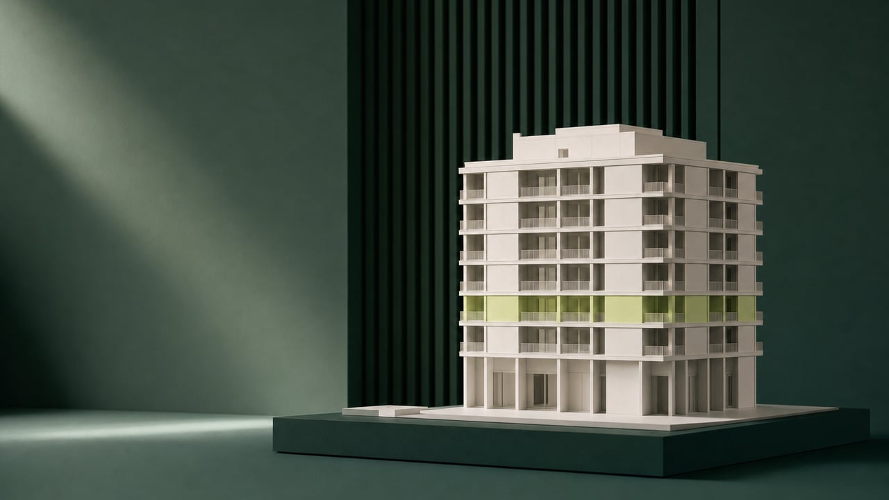 White massing model of a building with one lime-colored floor